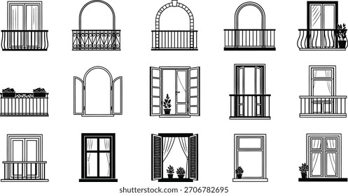 Vector Illustration of Architectural Windows and Balconies Icon Set. Modern and Classic House Elements Outline Collection.