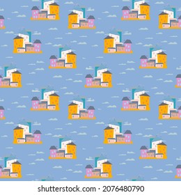 Vector illustration with architecture and city in minimalistic flat hand drawn style. Seamless pattern with minimalistic house on a blue background. Printing on textiles, print design, postcards.