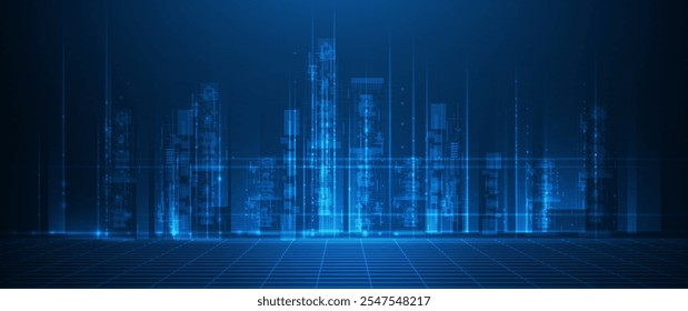 Vector illustration architecture, cityscape with cyber space, neon light. Modern hi-tech, science, data - datum futuristic technology concept. Abstract digital city, innovation design for background