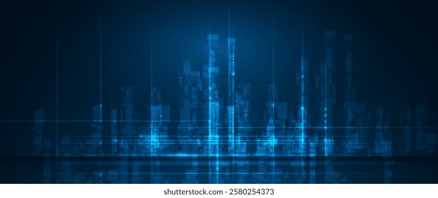 Vector illustration architecture, cityscape with cyber space, neon light. Modern hi-tech, science, data - datum futuristic technology concept. Abstract digital city, innovation design for background