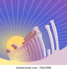 Ilustración vectorial de la arquitectura de Grecia con amanecer
