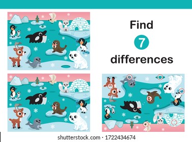 Vector Illustration of Arctic animals. Find 7 differences education game for kids. 