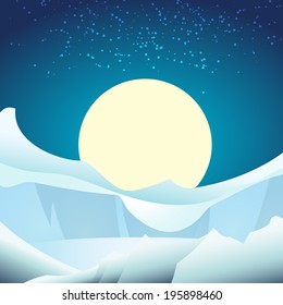 A vector illustration of arctic glacier landscape against full moon in the sky