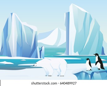 Vector illustration arctic landscape with polar bear and penguins, iceberg and mountains. Cold climate winter background.