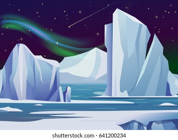 Vector illustration arctic night landscape with, iceberg and mountains. Cold climate winter background polar lights and stars.