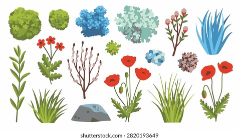 Vector illustration of arctic plant collection featuring red poppies, green moss, blue lichen, pussy willow branches, grass tufts, and a grey rock isolated on a white background.