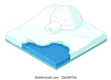 A vector illustration of a Arctic snow scene with igloo and sea water.  Isometric Igloo on ice.  Arctic snow scene with igloo.