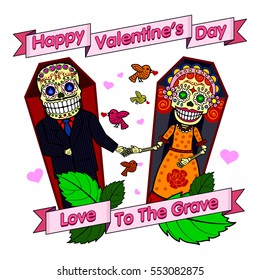 Vector illustration ard Happy Valentines Day. Love heart. Flat and linear Illustration of skeleton. Web graphics, banners, advertisements, stickers, labels, business templates. On a color background