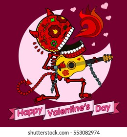 Vector illustration ard Happy Valentines Day. Love heart. Flat and linear Illustration of skeleton. Web graphics, banners, advertisements, stickers, labels, business templates. On a color background