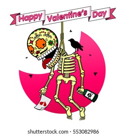 Vector illustration ard Happy Valentines Day. Love heart. Flat and linear Illustration of skeleton. Web graphics, banners, advertisements, stickers, labels, business templates. On a color background