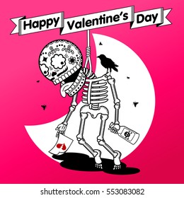 Vector illustration ard Happy Valentines Day. Love heart. Flat and linear Illustration of skeleton. Web graphics, banners, advertisements, stickers, labels, business templates. On a color background