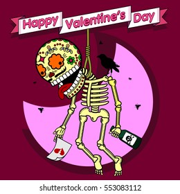 Vector illustration ard Happy Valentines Day. Love heart. Flat and linear Illustration of skeleton. Web graphics, banners, advertisements, stickers, labels, business templates. On a color background