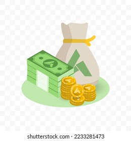 Vector illustration of Ardor currency. Random pattern of banknotes and coins in green and gold colors on transparent background (PNG). 