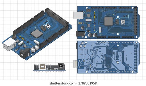 Vector illustration of an Arduino Mega Microcontroller color drawings 