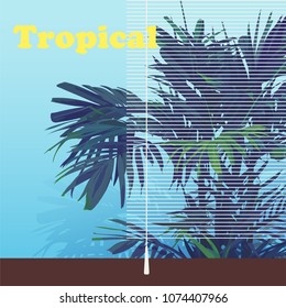 Vector illustration of areca palm tree behind curtain. modern vintage retro style