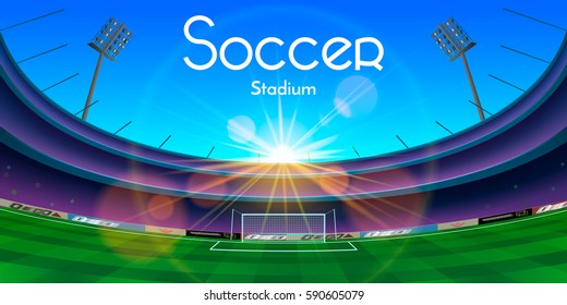 The vector illustration of an arena in sunset with soccer stadium text. Football