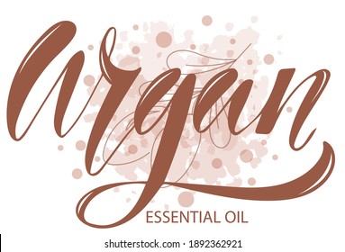 Ilustración vectorial de Argan
Texto esencial de aceite para logotipo, embalaje, banner, etiqueta, afiche, decoración, postal. Fondo de caligrafía de Aceite Esencial de Argan. EPS 10.
