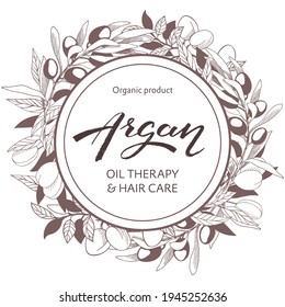 Vector illustration of Argan with handwritten brush lettering. Logotype, label, banner, or poster template for products with essential oils or organic cosmetics. EPS10