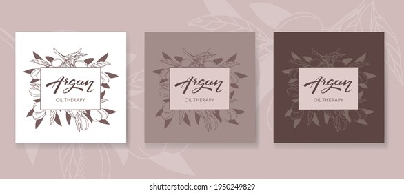 Vector illustration of Argan with handwritten brush lettering. Logotype, label, banner, or poster template for products with essential oils or organic cosmetics. EPS10