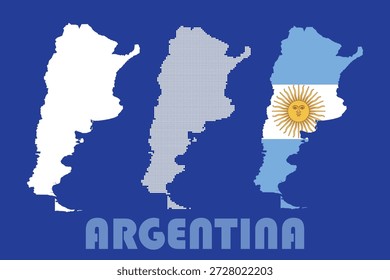 Ilustração vetorial dos ícones do mapa da Argentina em estilos sólidos, pontilhados e de bandeira em um fundo azul, perfeito para projetos de viagem e geografia.