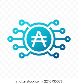 Vector illustration of Argentine austral digital currency icon in blue color and transparent background (PNG).