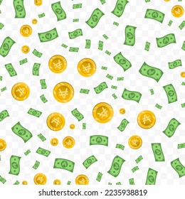 Vector illustration of Argentine austral money. Random pattern of banknotes and coins in green and gold colors on transparent background (PNG). 