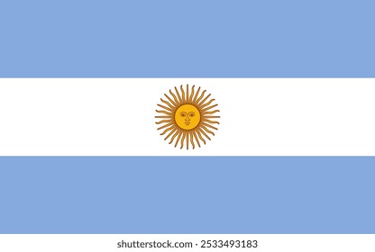 Vector illustration of the Argentine flag featuring the radiant sun of May against a blue and white striped background. Perfect for patriotic themes, national events, and cultural promotions