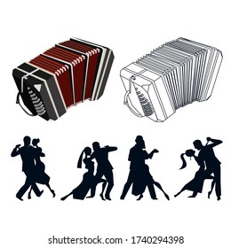 vector illustration with argentine tango design elements - bandoneon, text and traditional Buenos Aires. Isolated objects, Concept for dancing.