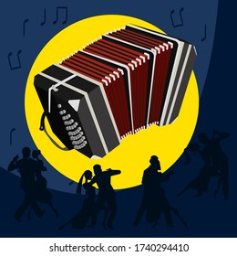 vector illustration with argentine tango design elements - bandoneon, text and traditional Buenos Aires. Isolated objects, Concept for dancing.