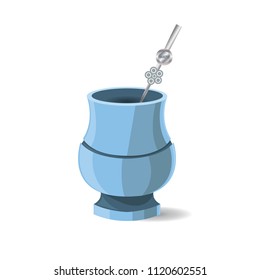 Vector Illustration of Argentinian National Drink Mate. Hot Beverage. Drawing of Calabash with Bombilia in Blue and Grey Colors