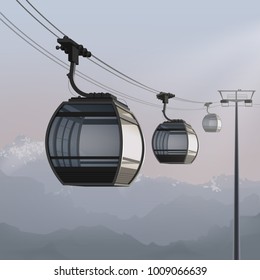 Vector Illustration Of Arial Cable Car With Overview Cabin. Isolated On Mountain Landscape Background
