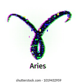 Vector illustration of Aries zodiac sign with grunge and glitch effect.