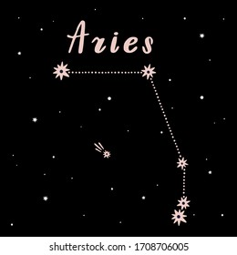 Vector illustration of Aries zodiac sign on a black starry background.