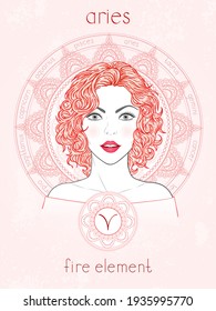 Vector illustration of Aries zodiac sign, portrait beautiful girl and horoscope circle. Fire element. Mysticism, predictions, astrology. 