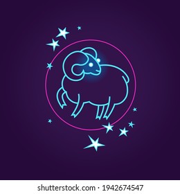 Vector illustration with Aries Zodiac sign. Dark blue space background. Simple stylized image of the Zodiac symbol Aries and stars in a circle. Sheep, lamb, a shining blue contour.