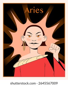 Vector illustration of Aries zodiac sign as a bold and confident young woman with fiery expression. Perfect for astrology, horoscope design, tarot cards, or mystical projects.