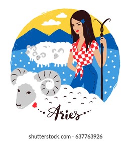 Vector illustration of Aries zodiac sign. Young woman with flock of sheep with mountains landscape on background.