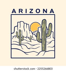 Ilustración vectorial del desierto de Arizona vibes impresión gráfica para camiseta, moda y otros. Dibujo artístico de línea dibujada a mano.