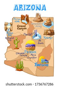 Vector illustration Arizona map  with countrysides and state symbols