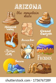 Vector illustration with Arizona's countrysides and state symbols svg
