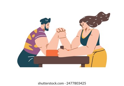 Vector illustration of arm wrestling: athletic characters demonstrating strength and rivalry. Includes detailed images of the arm muscles of a young girl and a guy