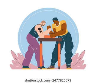 Vector illustration of an arm wrestling competition. Two muscular athletes locked in a fierce contest of strength on a table surrounded by leaves and bushes.