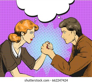 Vector illustration of arm wrestling competition between businessman and businesswoman, speech bubble. Business rivalry concept element in retro pop art comic style.