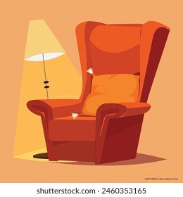 An vector illustration of an armchair with lamp, simple flat style design, warm color palette, minimalistic background, no shadows and lighting effects, cute cartoonish designs. 