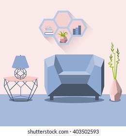Vector illustration with armchair, lamp and table in flat style.
