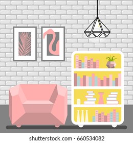 Vector illustration with armchair, luminairy, lamp and commode in flat style.