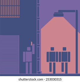 Vector illustration of an armed assassin  mugger or robber waiting around the corner of a building to ambush a couple as they walk along an urban street passing under a streetlamp. 