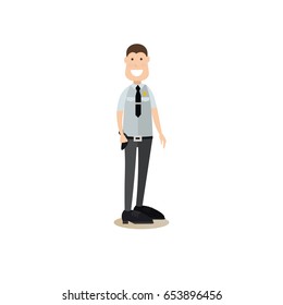 Vector illustration of armed collector or security guard in uniform. Bank people concept flat style design element, icon isolated on white background.