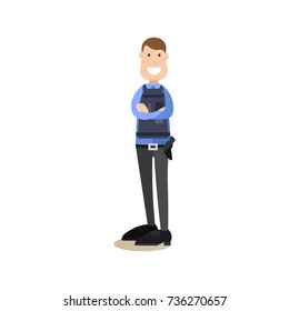 Vector illustration of armed man in uniform standing with arms crossed. Hotel security guard concept design element, icon isolated on white background.