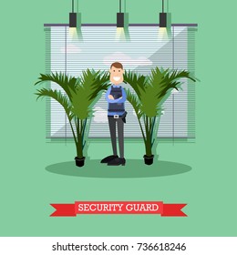 Vector illustration of armed man in uniform standing with arms crossed. Hotel security guard concept design element in flat style.